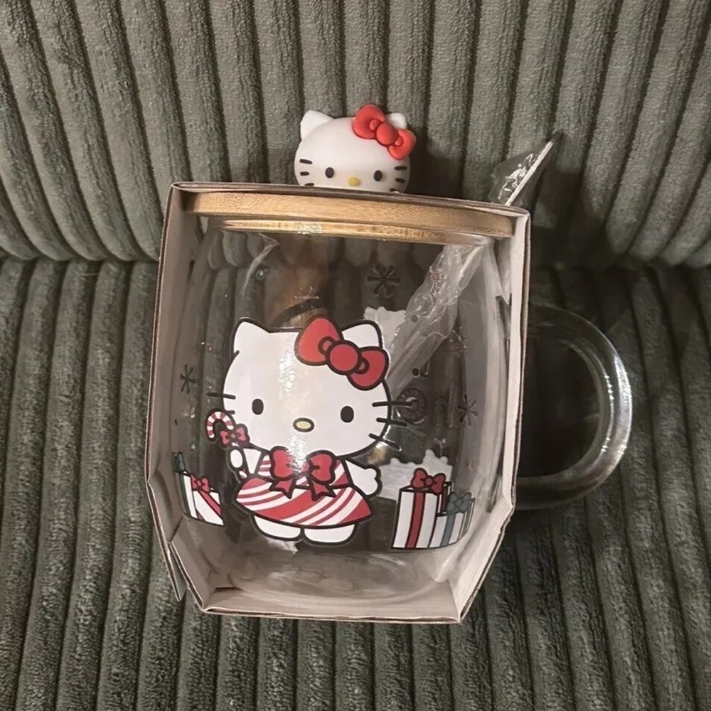 Hello Kitty Christmas Happy Holidays Glass Mug with Wood Lid & Spoon
